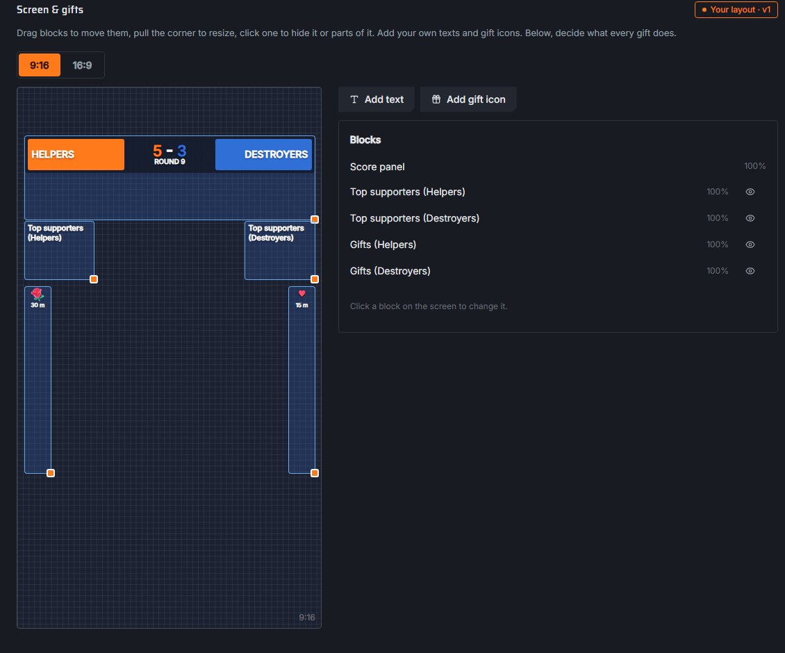 KIANTA launcher: the Screen & gifts editor with the 9:16 game screen, score panel, top supporters and gift columns