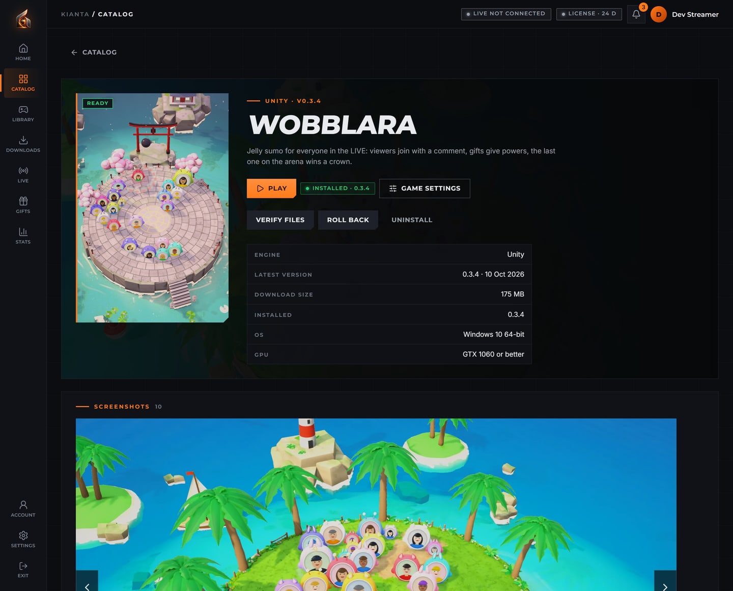 KIANTA launcher: the WOBBLARA page with its cover, version, tools and the screenshot gallery