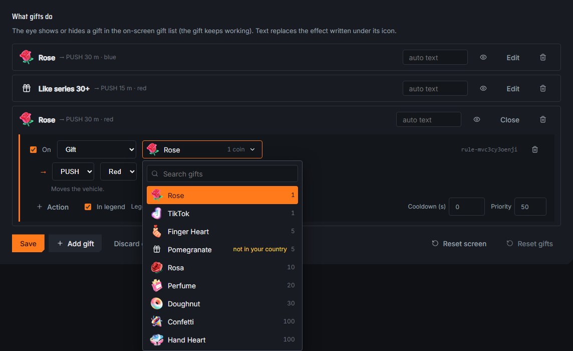 KIANTA launcher: choosing a gift from a list with gift pictures, coin values and search