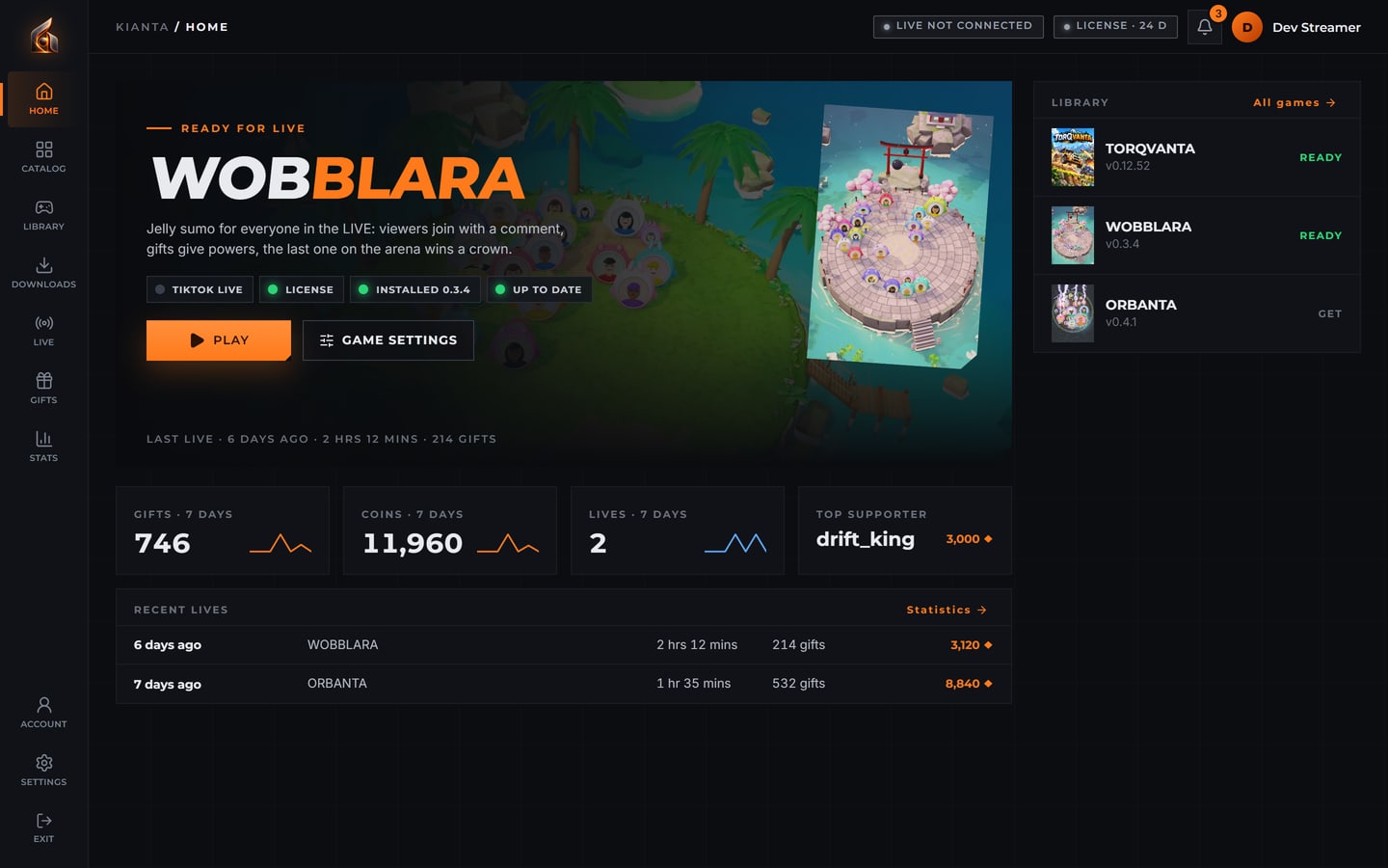 KIANTA launcher Home: WOBBLARA ready for LIVE with its start lights, the last seven days, recent LIVEs and the library with three games