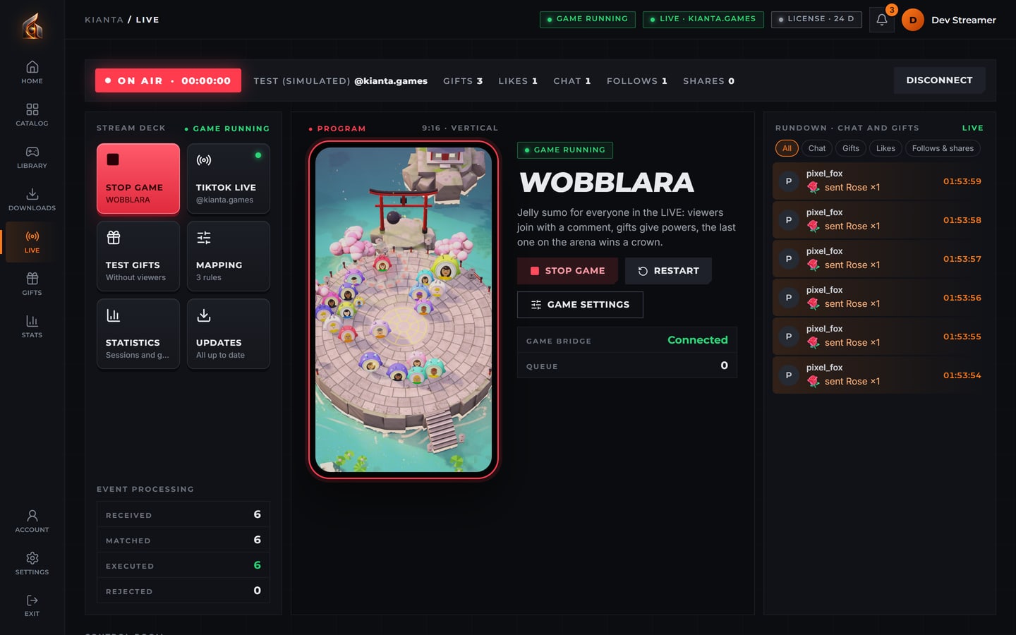 KIANTA launcher: the LIVE page on air with WOBBLARA running, the stream deck, the 9:16 program view and the chat and gifts rundown