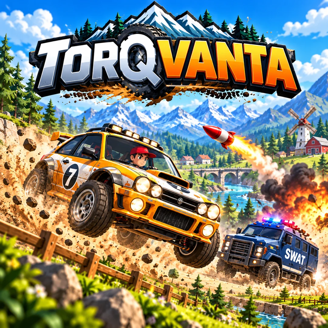 TORQVANTA key art: a rally car jumping over a dirt road, a rocket and the SWAT truck behind
