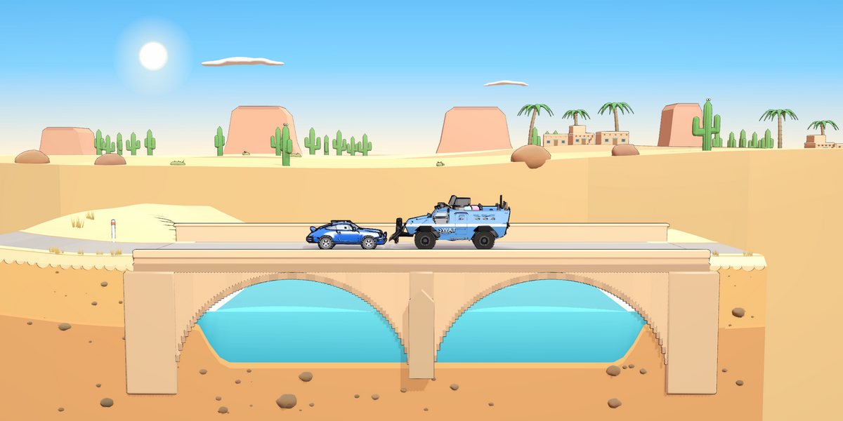 Amber Hills: sandstone arch bridge, mesas, palms and adobe villages