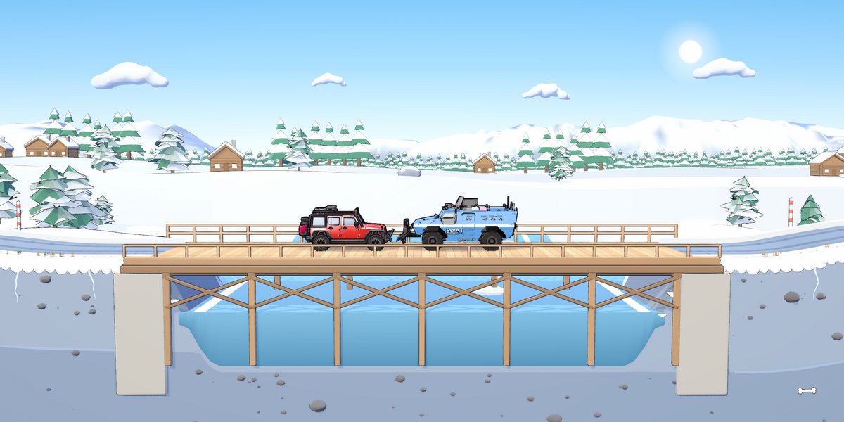 Frostline: wooden bridge, snowy pines and log cabins