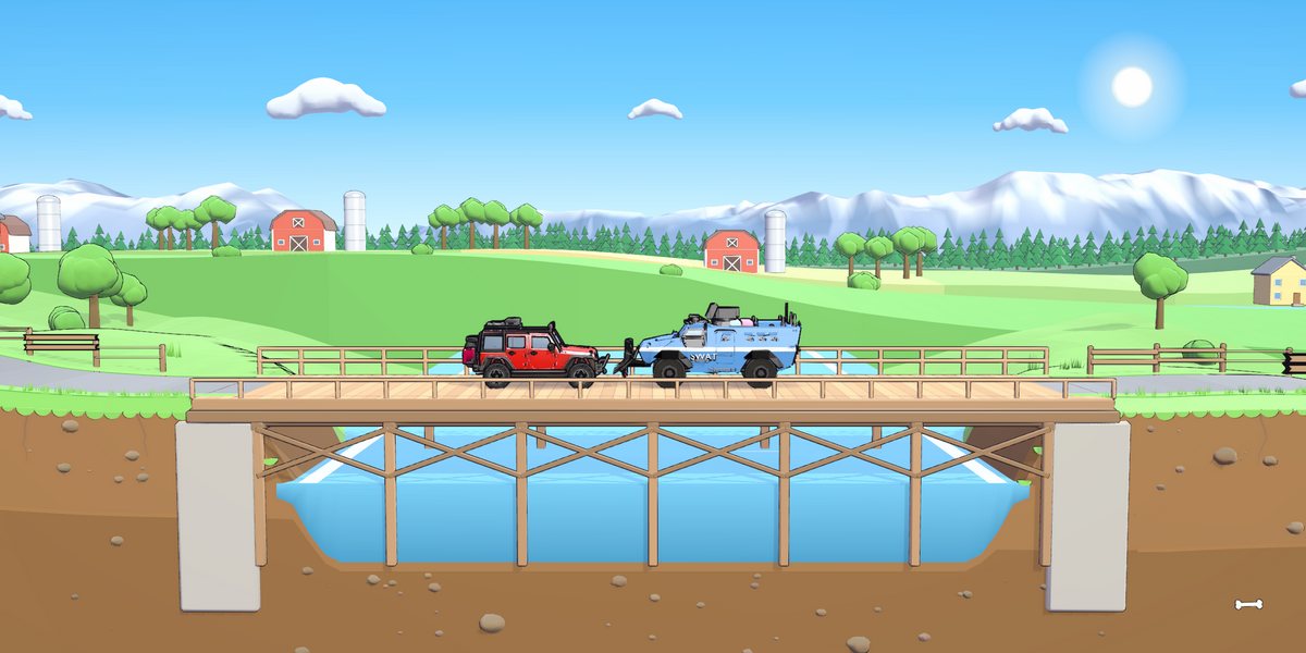 Green Valley: wooden bridge over a river, farms and mountains
