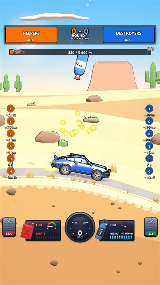 A nitro bottle dropping from the sky onto the Dune rally coupé