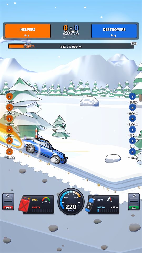 The Dune rally coupé with a nitro flame on the snowy Frostline road