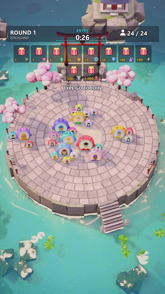 WOBBLARA on a phone: the round's entry with the gift list over the Zen garden map