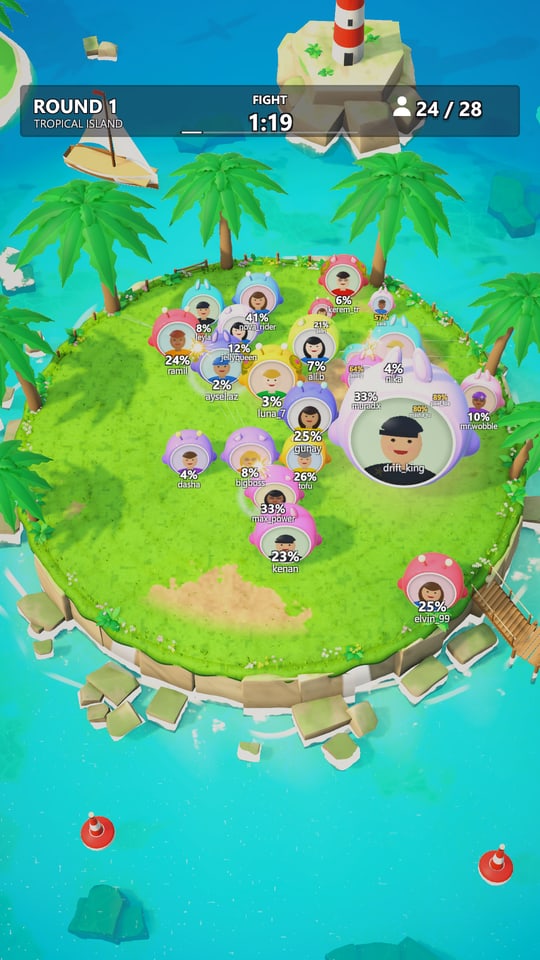 WOBBLARA on a phone: jellies fighting on the tropical island with their damage percent