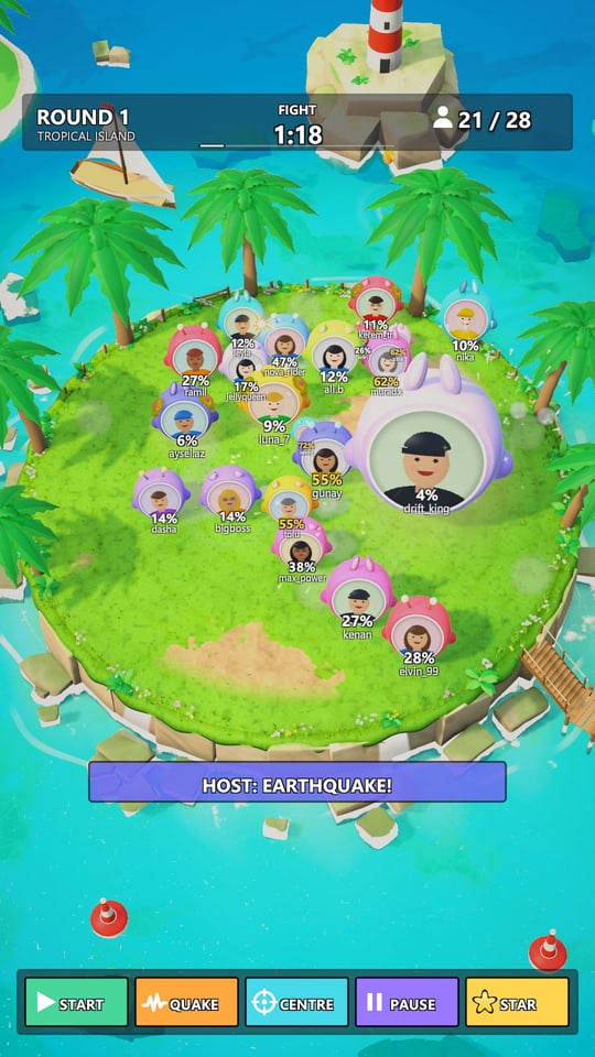 The host's earthquake banner and the host buttons under the arena